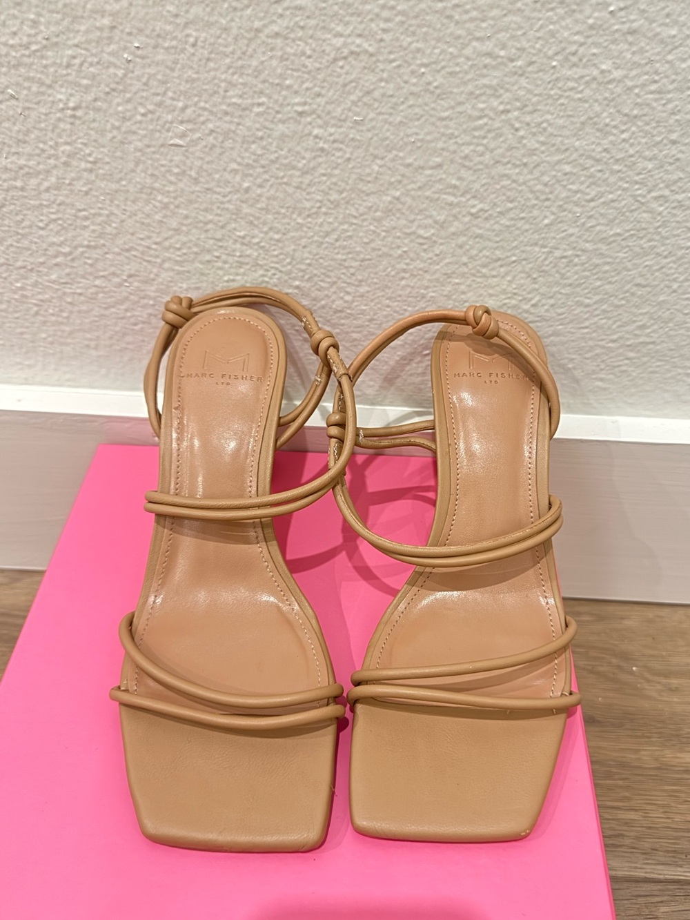 Marc Fisher Tan Strappy Square-Toe Heels